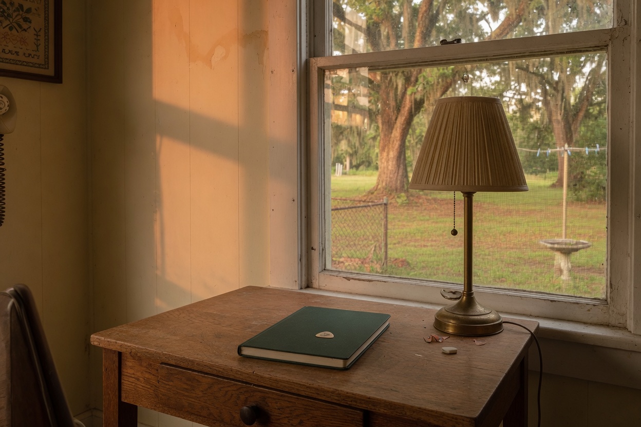 A wooden desk by a window, unmarked notebook, guitar pick, oak trees in the yard.